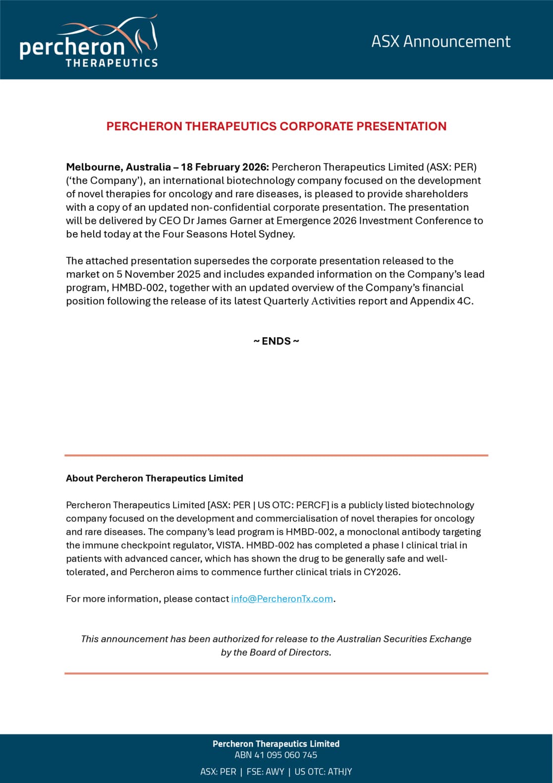 Percheron Therapeutics Limited -  Corporate Presentation